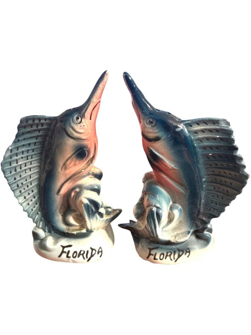 Vintage Florida Marlin Sailfish Ceramic Salt & Pepper Shakers Blue/Pink Glazed